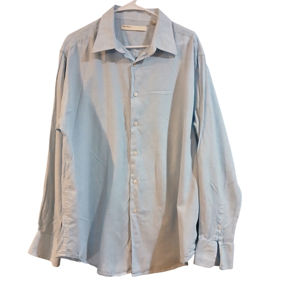 Perry Ellis Mens XL Blue White Micro Check Cotton Linen Blend Button Down Shirt